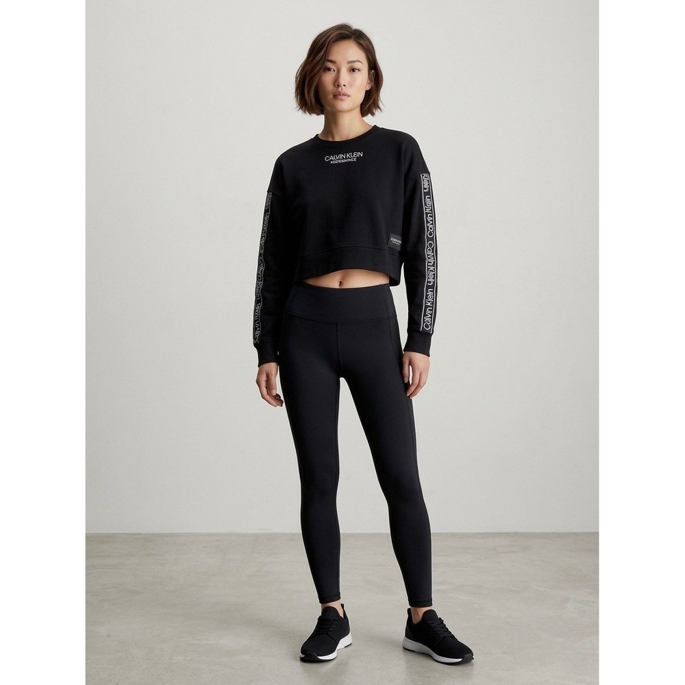Calvin Klein Performance Womens Cropped Sweatshirt Black Logo Tape Sleeve Small